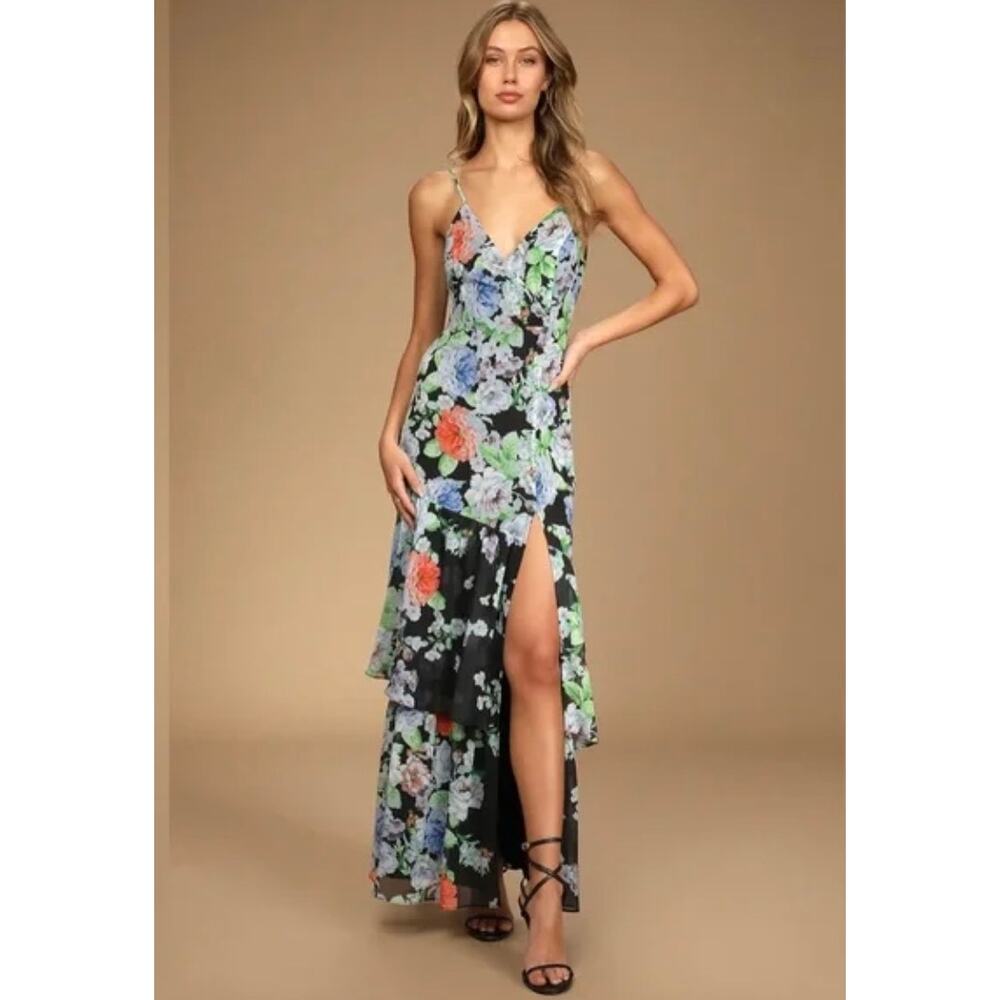 Lulus Womens XS Black Floral Surplice Tiered Ruffle Effortless Maxi Dress NEW